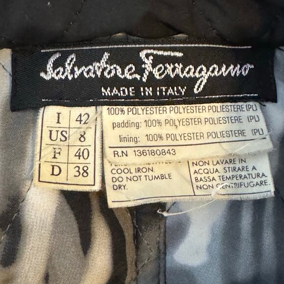Salvatore Ferragamo Size 8 Black Logo Snap Quilted Zebra Print Lined Jacket - Picture 9 of 9